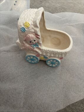 Porcelain Baby Carriage Planter with Pastel Details